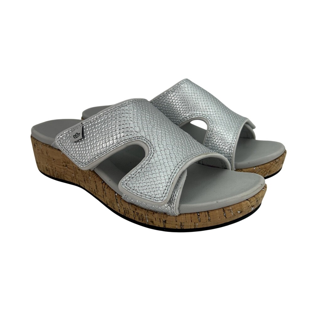 Spenco Sandals Shoes Womens Size 8.5 Silver Camille Slide Wedge Comfort Cork